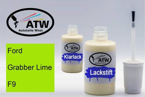 Ford, Grabber Lime, F9: 20ml Lackstift + 20ml Klarlack - Set, von ATW Autoteile West.